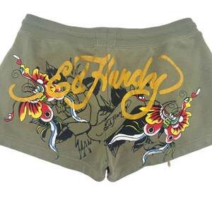 Ed Hardy by Ed Hardy Shorts Womens L Olive Green Butterfly Graphic Y2K Tattoo